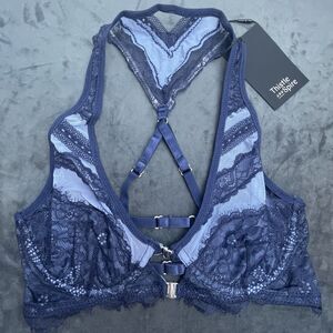 Thistle and Spire Bra Womens 32C Denim Racerback Lace Strappy Sheer Revolve